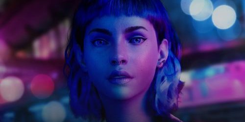 Girl face in front of purple and blue background